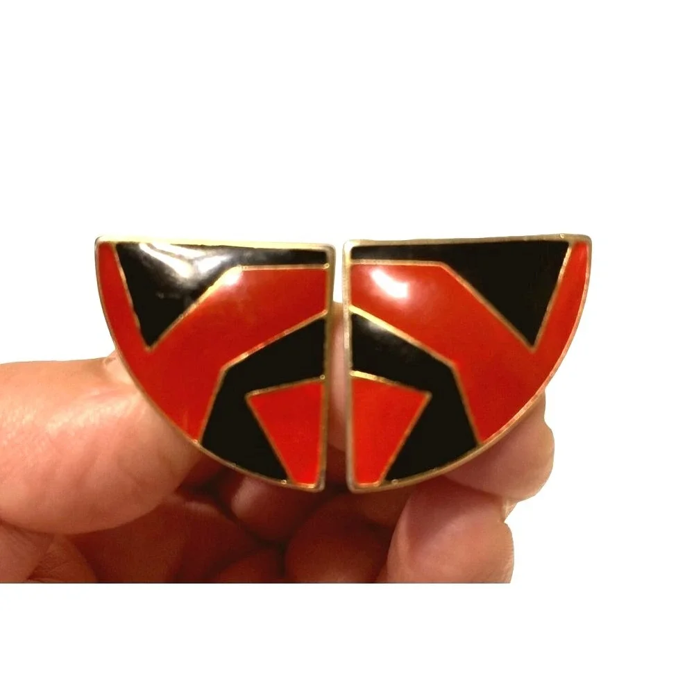 Geometric Western Aztek inspired‎ red black enamel clip on earrings women OS